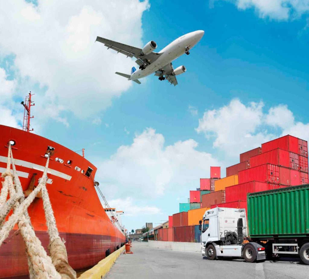 Means of transportation and logistics: cargo ship, cargo plane, long-haul truck, shipping containers. 
