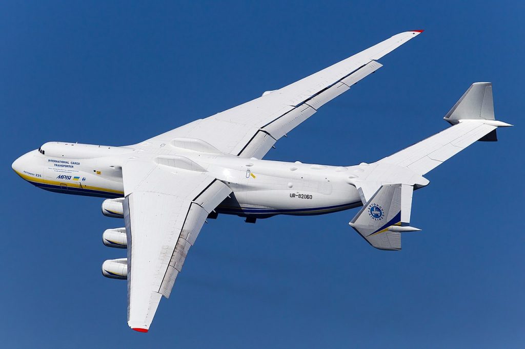 A Ukrainian cargo plane Antonov An-225 Mriya in flight across the sky. 