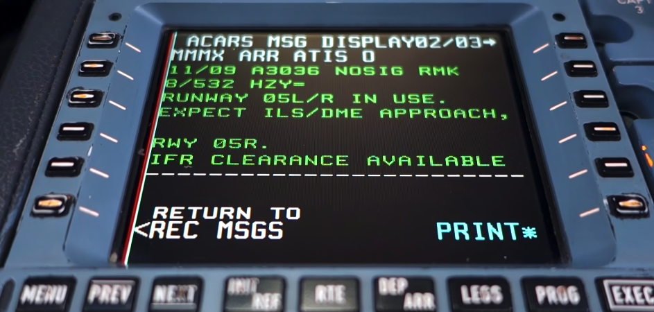 A central view of an MCDU screen displaying an ATIS report.