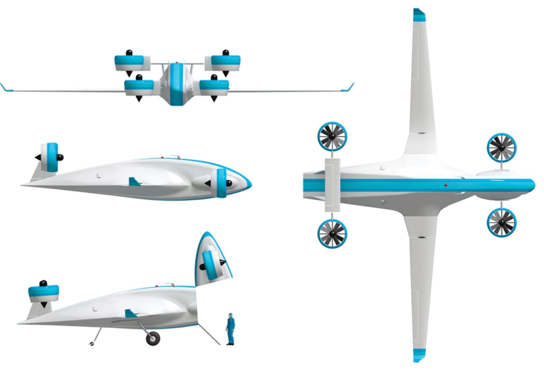 A detailed concept design plan for a blue and white cargo delivery drone.