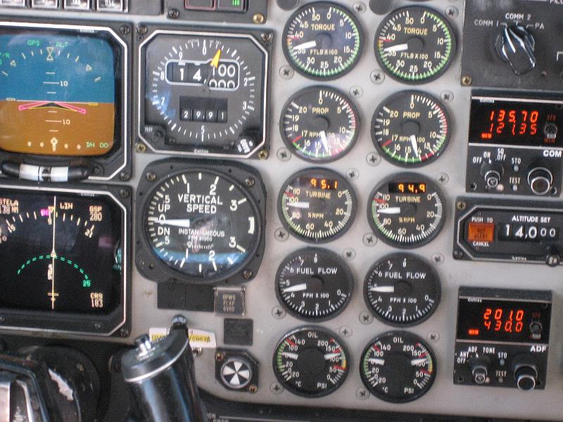 A cockpit and instrument panel of Beechcraft 1900 aircraft. 