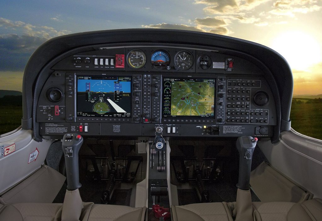 Diamond DA40 NG cockpit and instrument panel equipped with various avionics features.