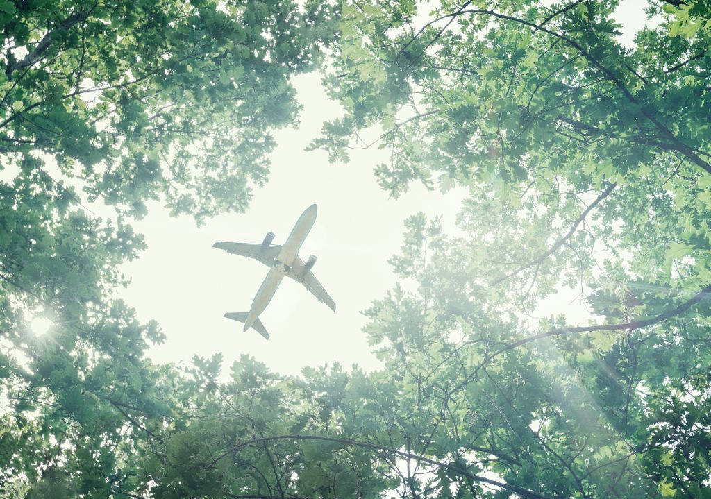A view from the ground of a passenger aircraft flying over a clearing in a green leafy forest.