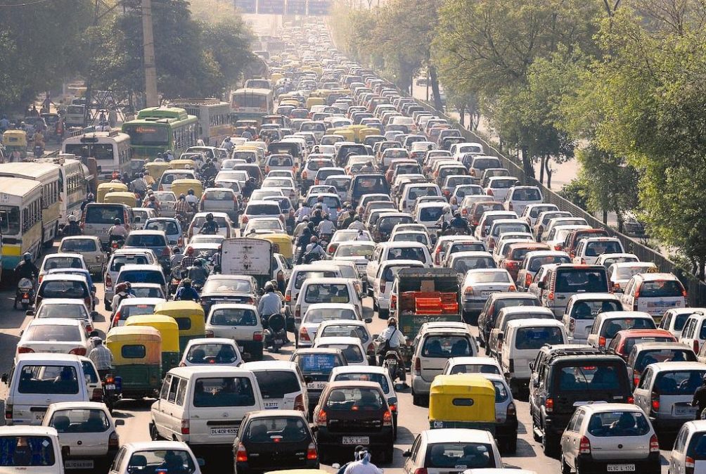 Heavy traffic congestion during rush hour in New Delhi.