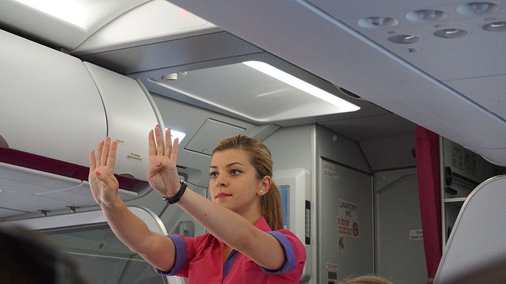 A flight attendant conducting a pre-flight safety briefing for passengers onboard an aircraft.