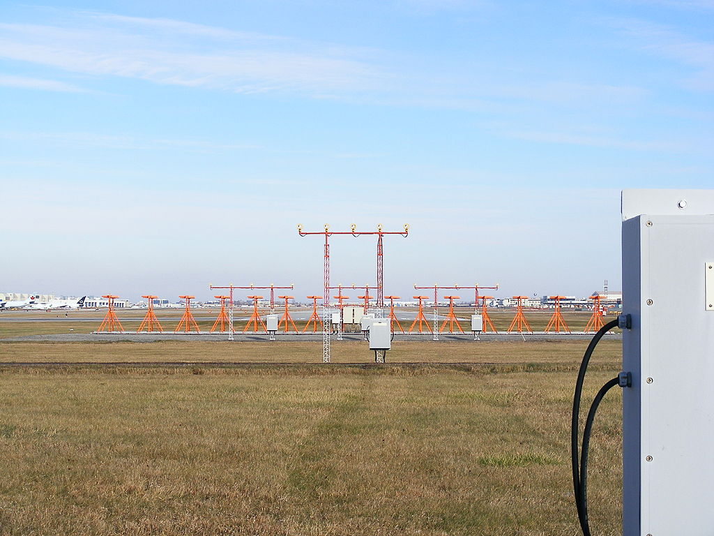 View of the primary component of the ILS, the localizer at the runway 06L of the Montréal–Trudeau International Airport, Canada.