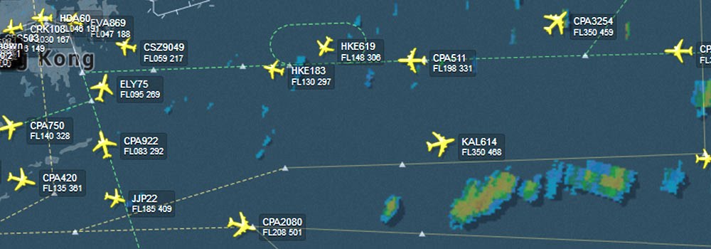 A view of a navigation radar overlay with numbered flights coming in and out of Hong Kong.