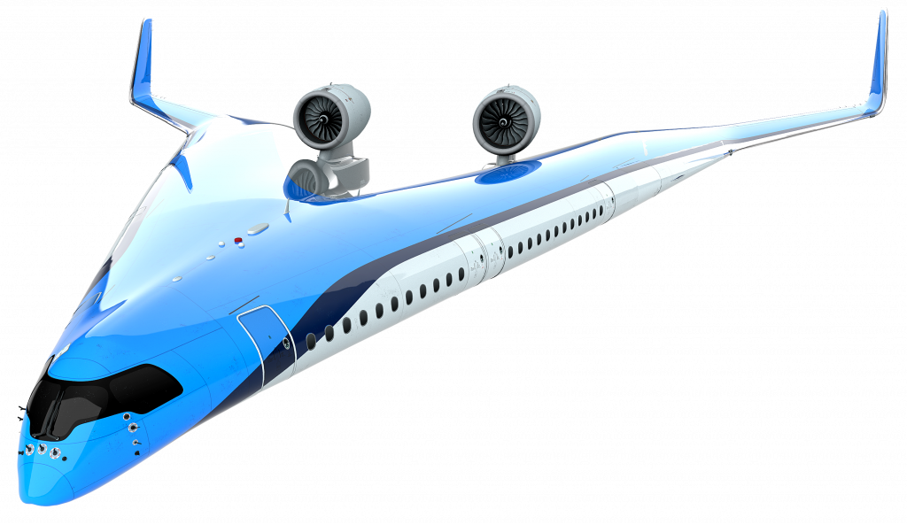 A concept design of a future aircraft called the Flying V made by the Delft University of Technology and KLM airlines.