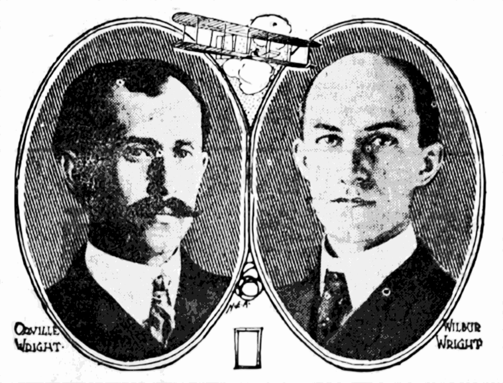 Black and white portraits of Orville Write and Wilbur Wright in oval frames, decorated with a model of their airplane at the top.