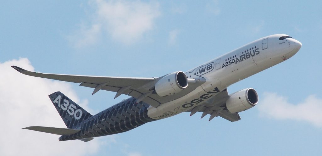 A blue and white Airbus A350-900.