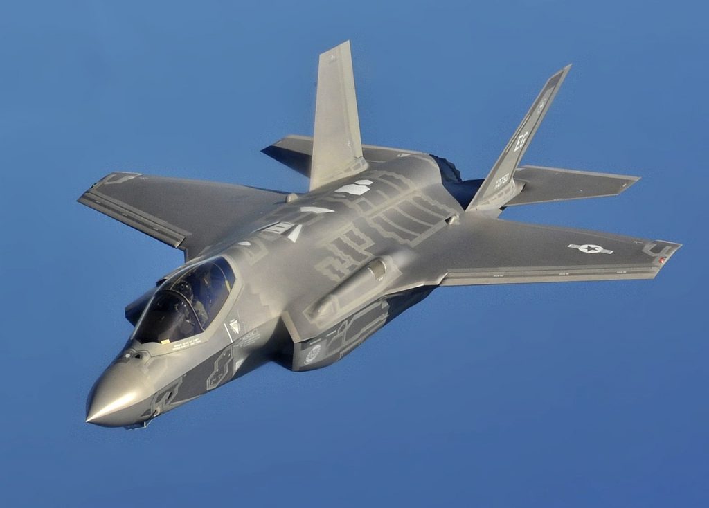 One of the best Fighter Jets in the World. Lockheed Martin F-35 Lightning II in a blue sky.