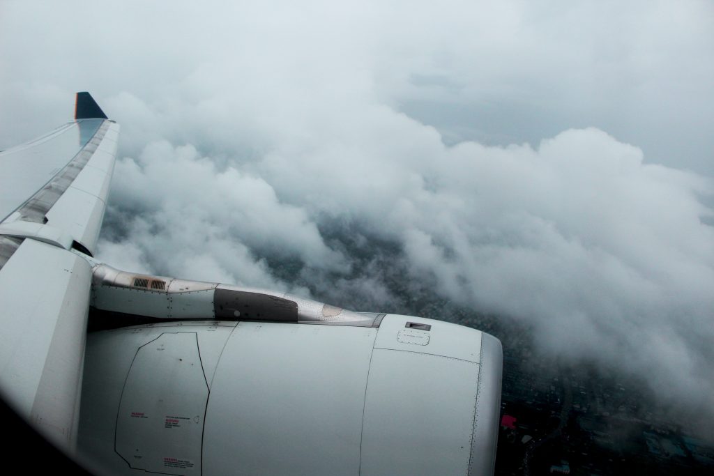 An aircraft flying during bad meteorological conditions. 