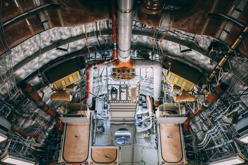The interior of an aircraft in the building process. 