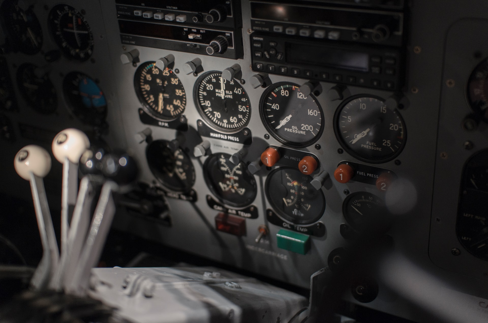 An instrument panel of an aircraft. 