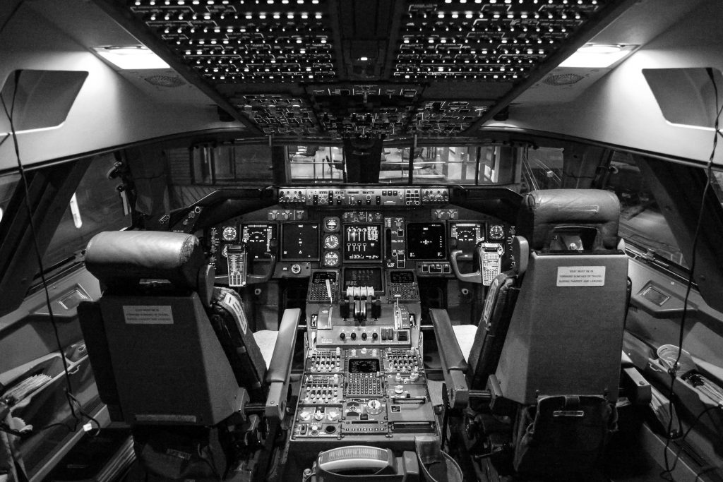 A flight simulator used for flight crew training.