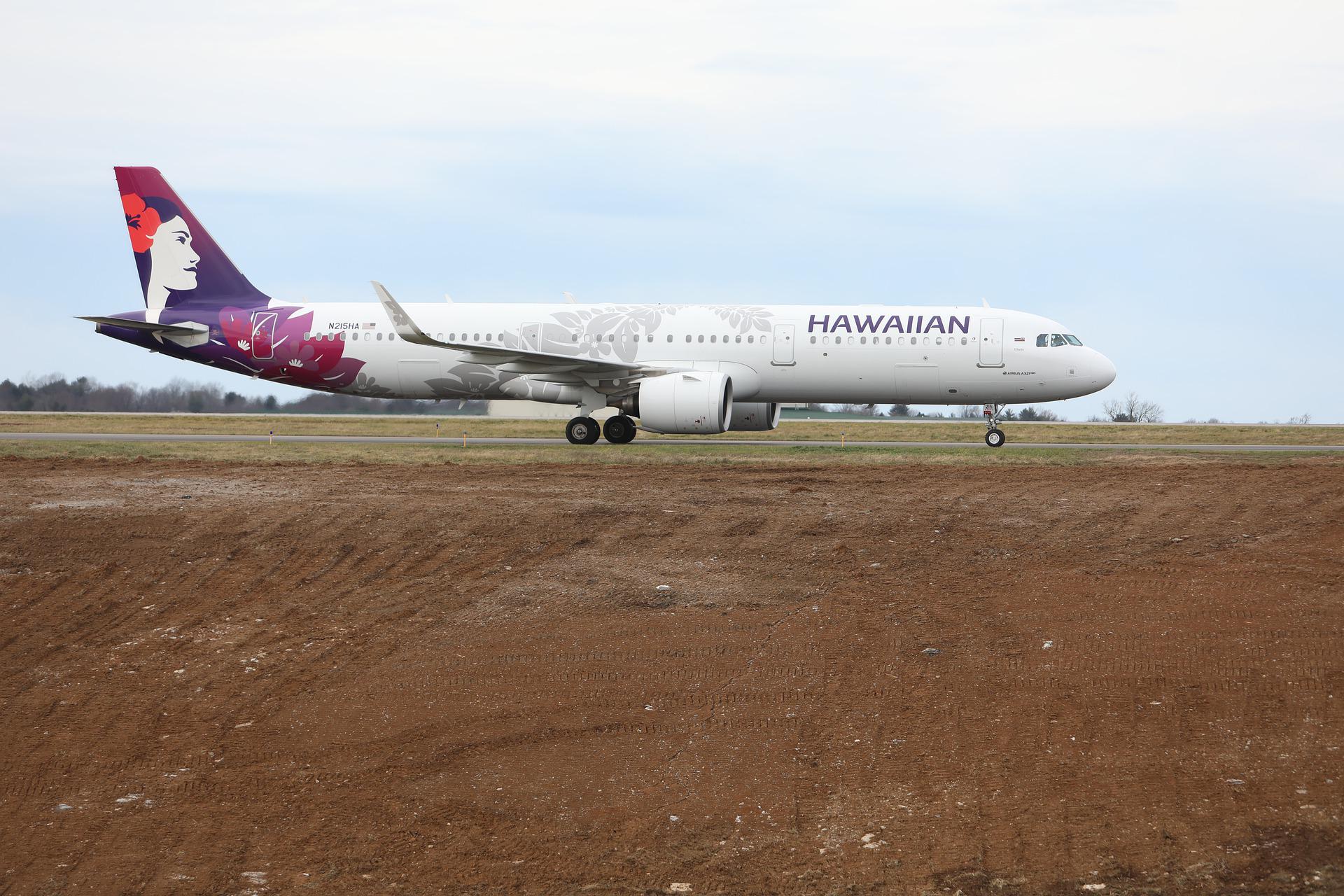 Hawaiian airlines aircraft with branding livery: Pualani face on the tailfin of an aircraft with Hawaiian written on the fuselage.