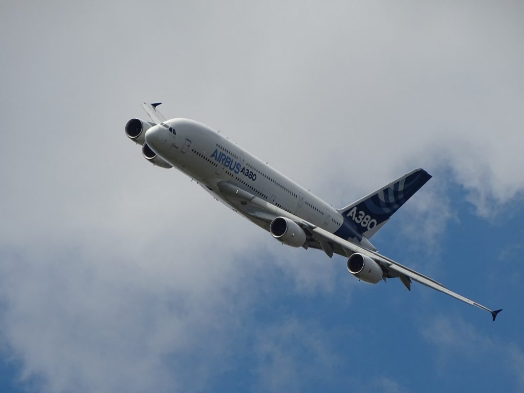 Airbus A380 taking a turn in the sky.