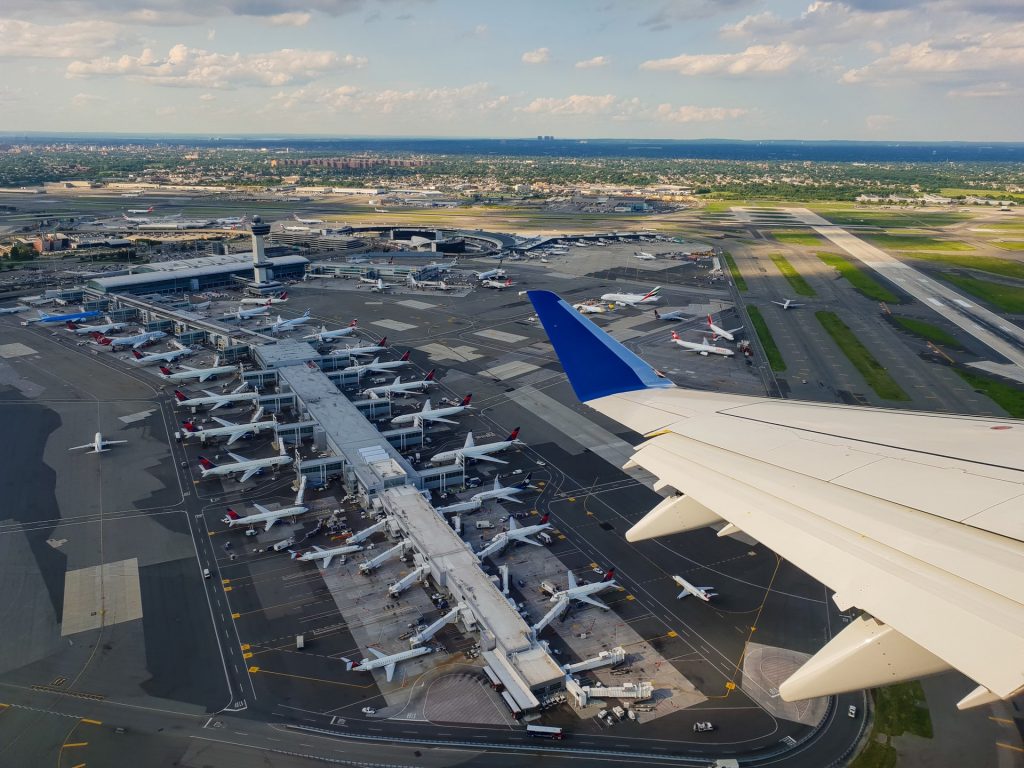 An airplane ready to land at an airport after a safe airplane flight.