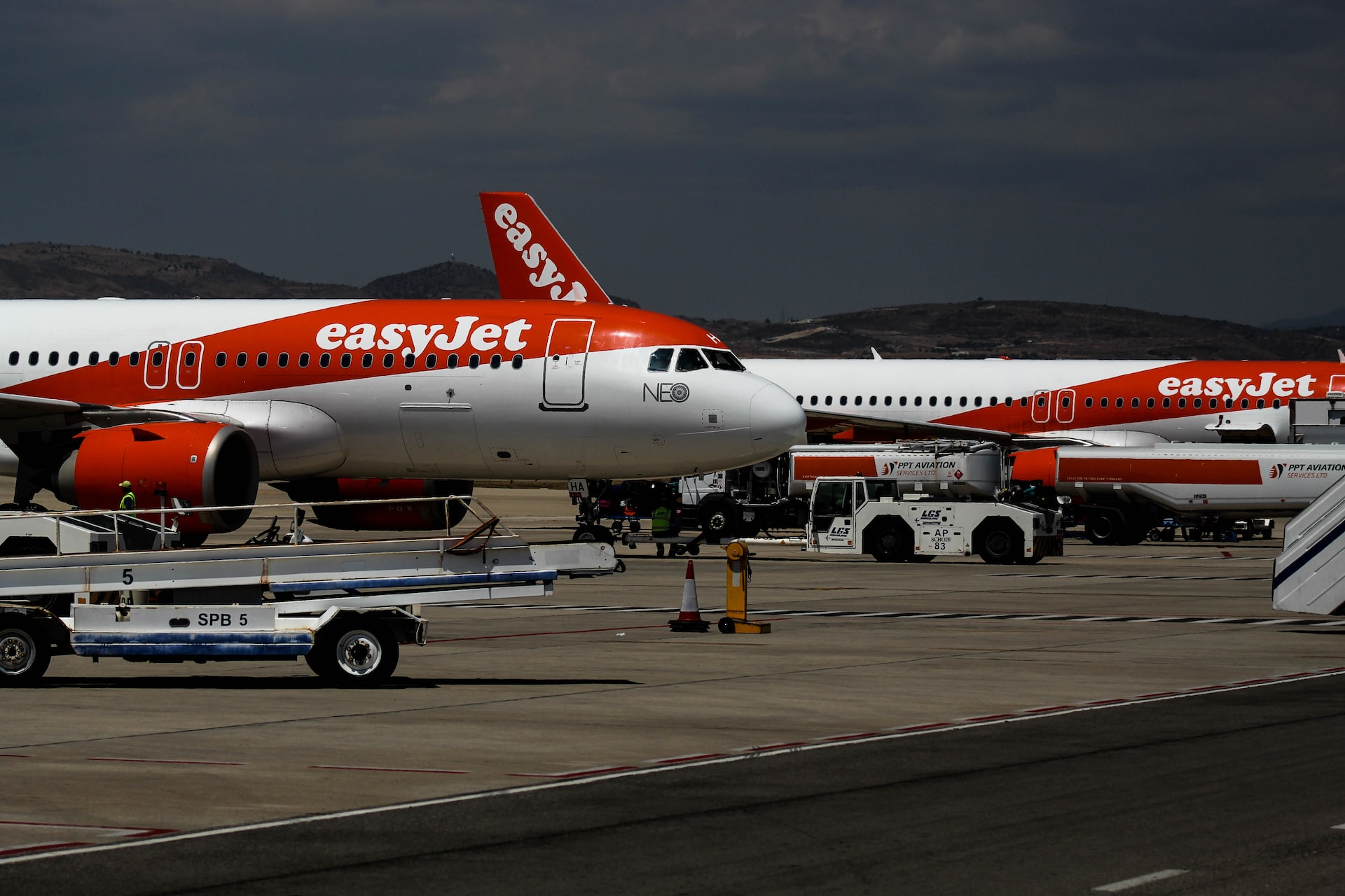 easyJet aircraft stationed at an airport.