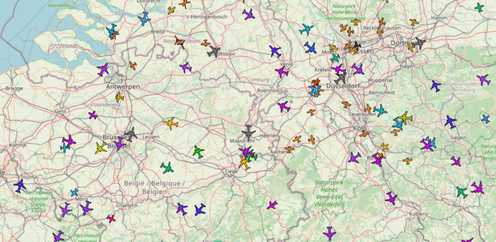 A flight tracking radar showing some information that would be visible in an ADS-B In system.