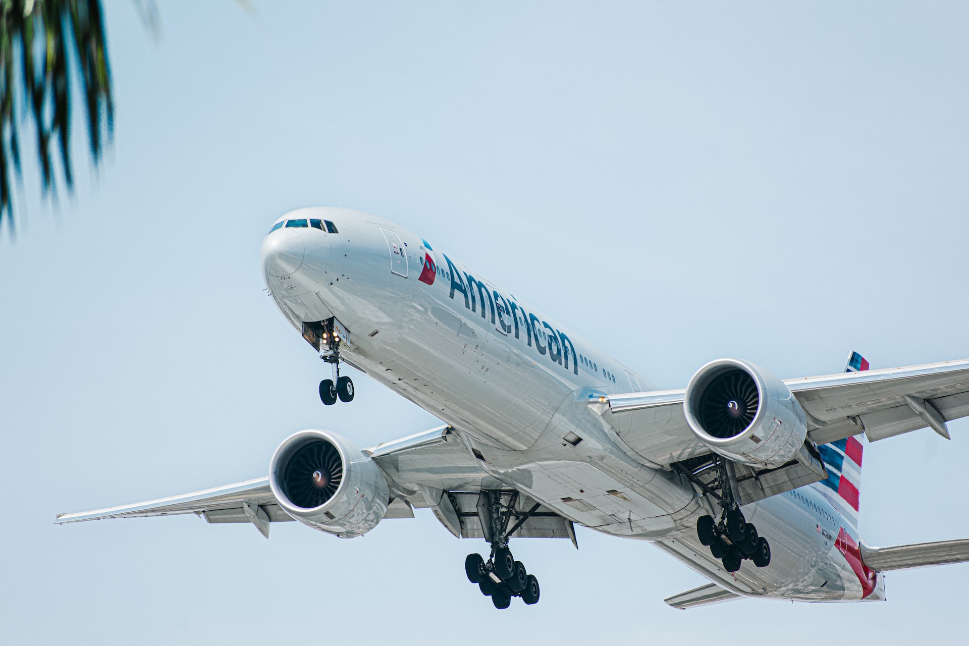 An American Airlines aircraft landing at an airport over some palm trees.